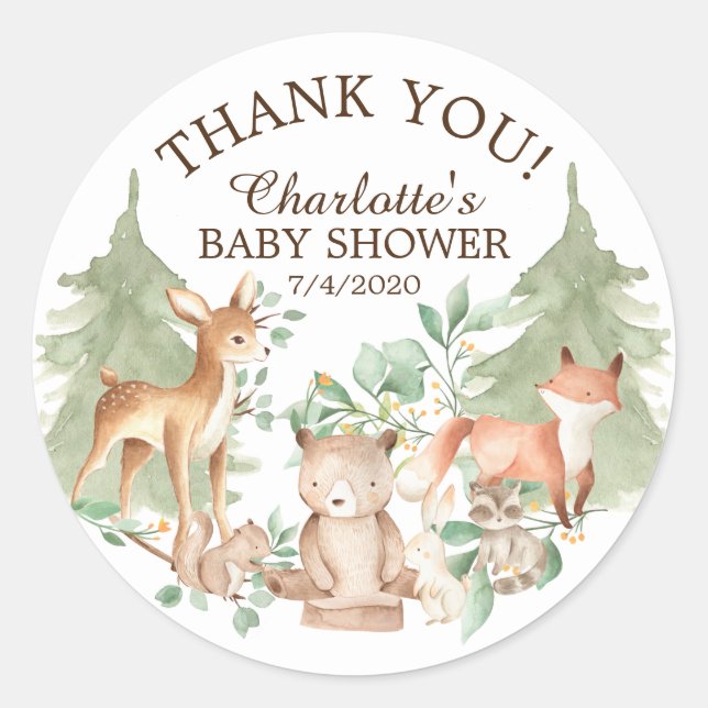 Woodland Animals Kinderdusche Danke für Ihre Unter Runder Aufkleber (Vorderseite)