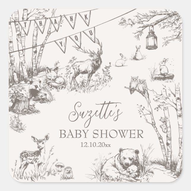 Woodland Animals Kinderdusche Danke Quadratischer Aufkleber (Vorderseite)