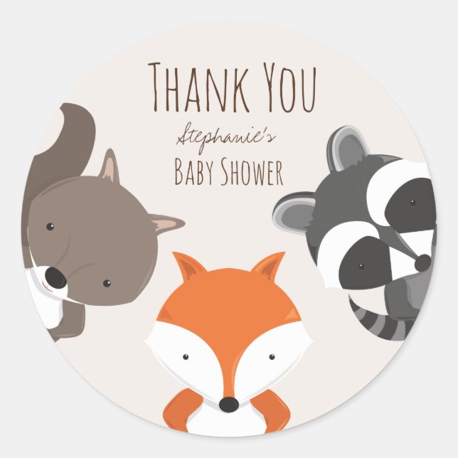 Woodland Animals Kinderdusche Danke Runder Aufkleber (Vorderseite)