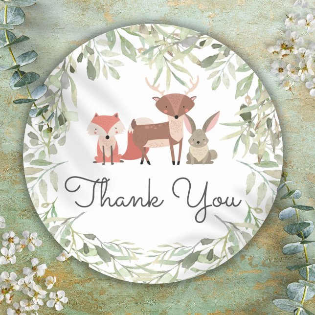 Woodland Animals Kinderdusche Danke Runder Aufkleber (Woodland Animals Baby Shower Thank You Classic Round Sticker)