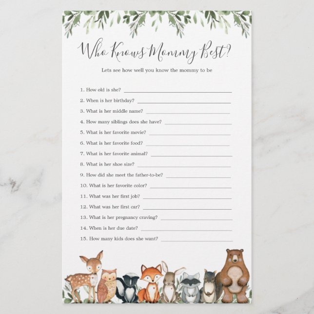 Woodland Animals Kinderdusche, die Mama am besten  (Vorderseite)