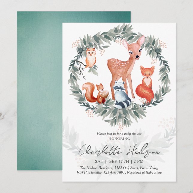 Woodland Animals Kinderdusche Einladung (Vorne/Hinten)