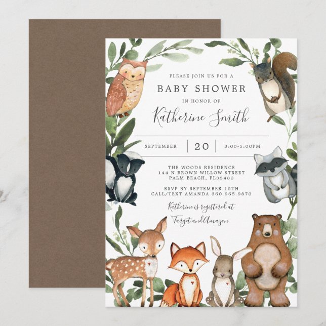Woodland Animals Kinderdusche Einladung (Vorne/Hinten)