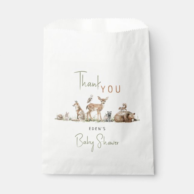 Woodland Animals Kinderdusche mit Namen Vielen Dan Geschenktütchen (Vorderseite)