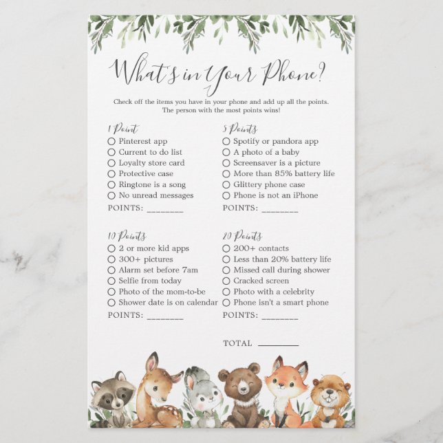 Woodland Animals Kinderdusche Was ist in Ihrem Tel (Vorderseite)