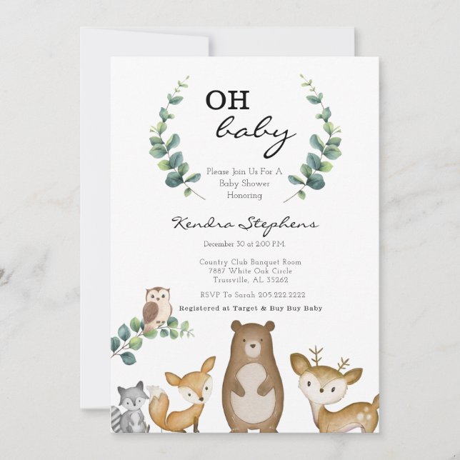 Woodland Animals Minimal Baby Dusche Einladung (Vorderseite)