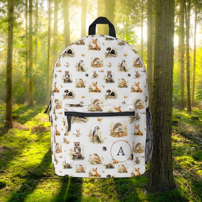 Woodland Animals Monogram School Travel Kids White Bedruckter Rucksack (Von Creator hochgeladen)