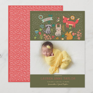 Woodland Animals New Baby Birth Ankündigung