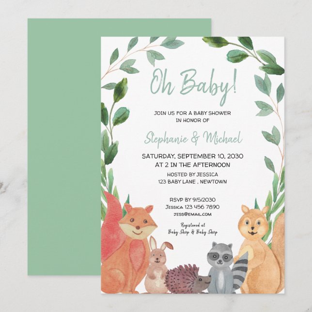 Woodland Animals Oh Baby Couples Kinderdusche Einladung (Vorne/Hinten)