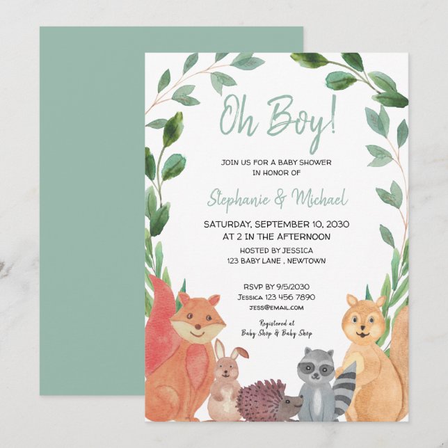 Woodland Animals Oh Boy Couples Kinderdusche Einladung (Vorne/Hinten)