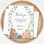 Woodland Animals Paare Kinderdusche Danke Postkarte<br><div class="desc">Vielen Dank an Ihre Familie und Freunde mit dieser niedlichen und skurrilen Aquarell danke Ihnen postcard. Diese Waldfreunde,  Fuchs,  Raccoon,  Igel,  Hasen und Eichhörnchen sind umgeben von der Wasserfarbe rustikale Vegetation. Einfach anpassbar. Original Wasserfarbe © Michele Davies.</div>