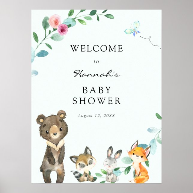 Woodland Animals Pink Baby Dusche Begrüßungszeiche Poster (Vorne)