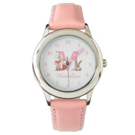 Woodland Animals Pink Baby Girl Initial Monogram Armbanduhr