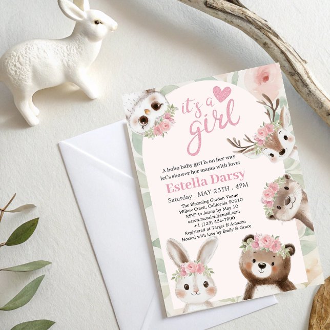 Woodland Animals Pink Boho Girl Babydusche Einladung (Von Creator hochgeladen)