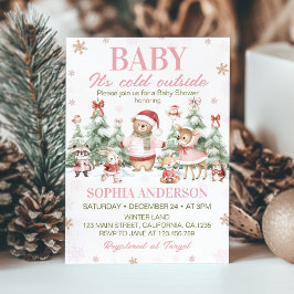 Woodland Animals Pink Christmas Winter Baby Shower Einladung