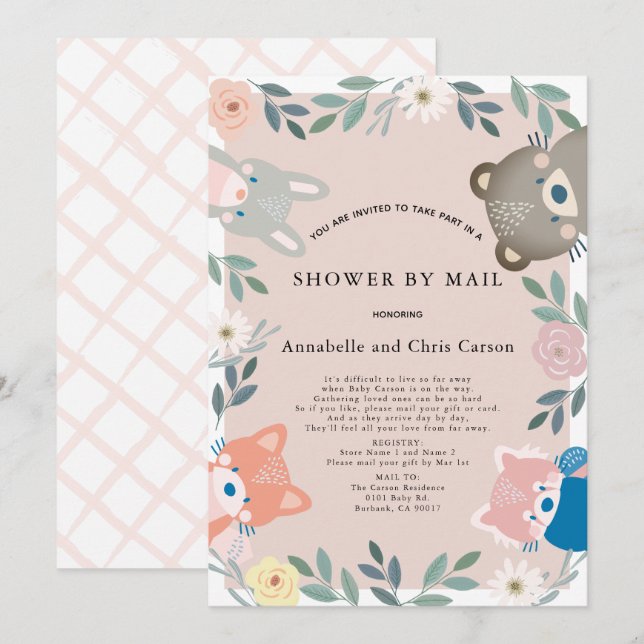 Woodland Animals Pink Floral Baby Dusche by Mail Einladung (Vorne/Hinten)
