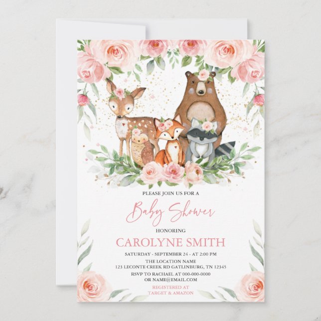 Woodland Animals Pink Floral Baby Dusche Einladung (Vorderseite)