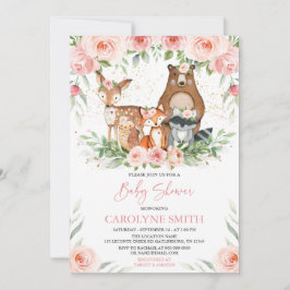 Woodland Animals Pink Floral Baby Dusche Einladung