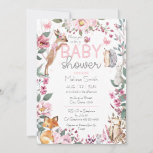 Woodland Animals Pink Floral Baby Dusche Einladung
