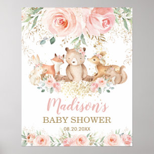 Woodland Animals Pink Floral Baby Dusche Willkomme Poster