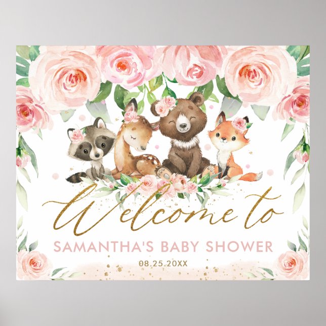 Woodland Animals Pink Floral Baby Dusche Willkomme Poster (Vorne)
