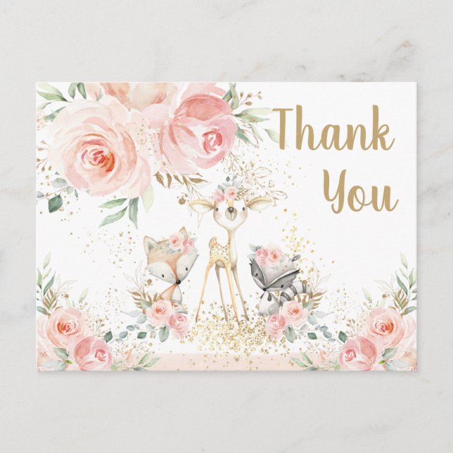Woodland Animals Pink Floral Baby Vielen Dank Postkarte (Vorderseite)