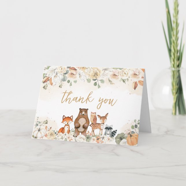 Woodland Animals Pumpkin Fall Baby Dusche Dankeskarte (Vorderseite)