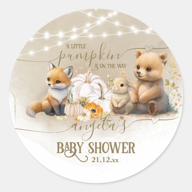 Woodland Animals Pumpkin Fall Baby Dusche Runder Aufkleber (Vorderseite)