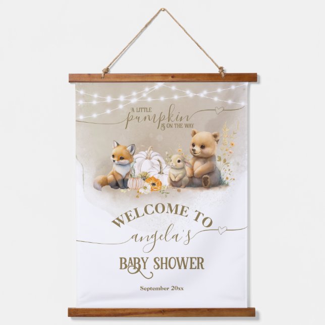 Woodland Animals Pumpkin Fall Baby Dusche willkomm Wandteppich Mit Holzrahmen (Vorderseite)