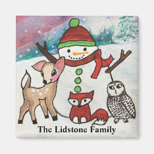 Woodland Animals Snowman Familienname Magnet