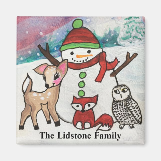 Woodland Animals Snowman Familienname Magnet (Vorne)
