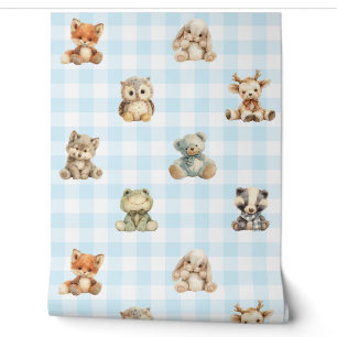 Woodland Animals Toys Blue Kariert Baby Boy Kinder Tapete
