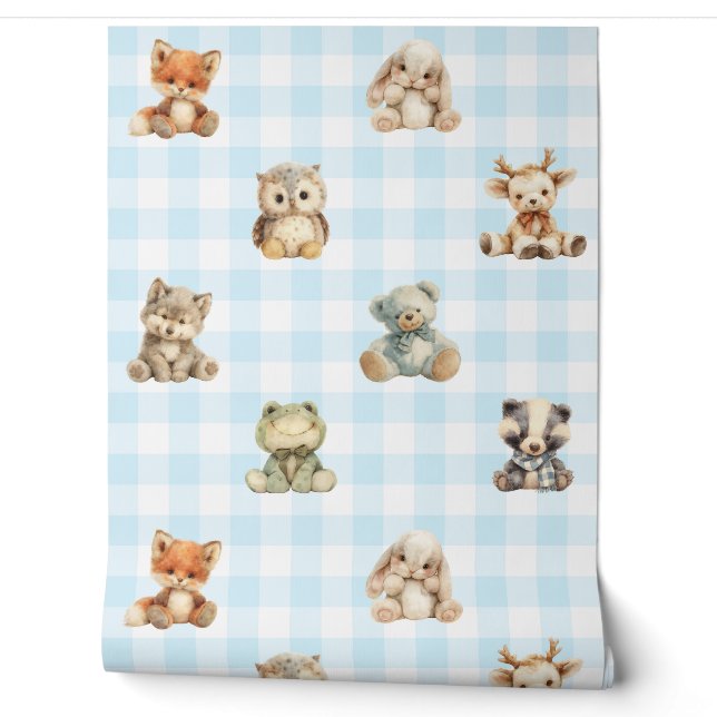 Woodland Animals Toys Blue Kariert Baby Boy Kinder Tapete (Abrollen)