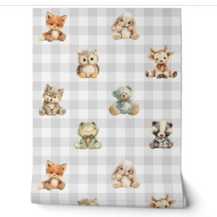Woodland Animals Toys Grau Kariert Baby Boy Kinder Tapete