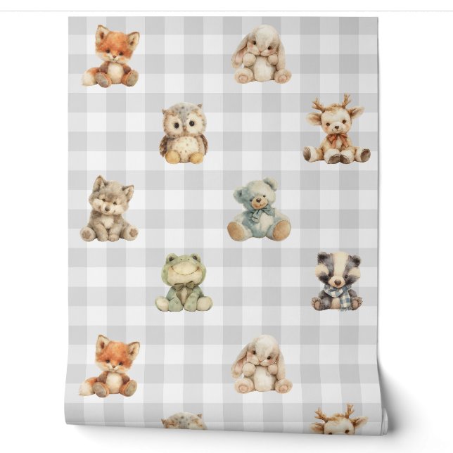 Woodland Animals Toys Grau Kariert Baby Boy Kinder Tapete (Abrollen)
