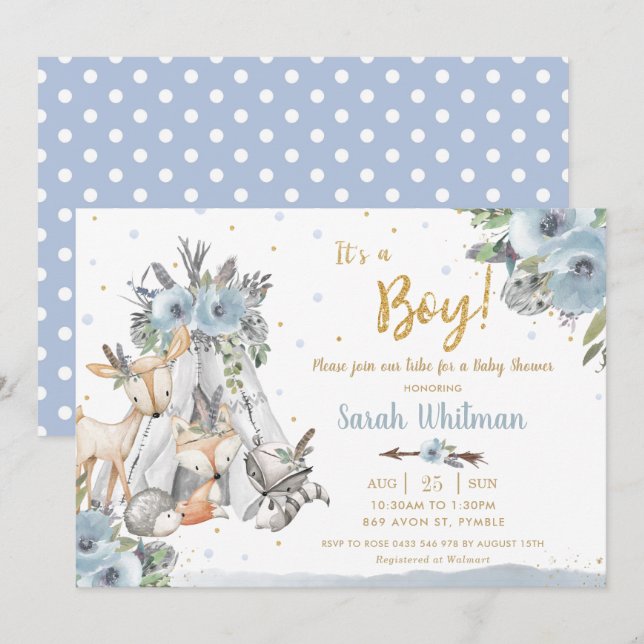 Woodland Animals Tribal Blue Gold Boy Baby Dusche Einladung (Vorne/Hinten)