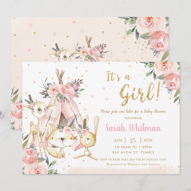 Woodland Animals Tribal Es ist eine Girl Baby Dusc Einladung (Vorne/Hinten)