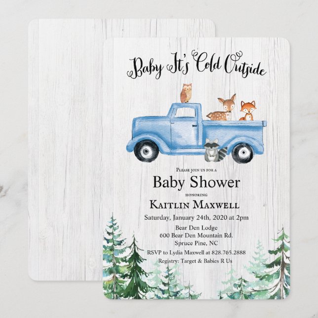 Woodland Animals Truck Kinderdusche Einladung (Vorne/Hinten)