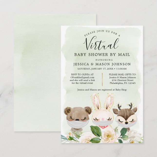 Woodland Animals Virtual Baby Dusche lädt Green ei Einladung (Vorne/Hinten)