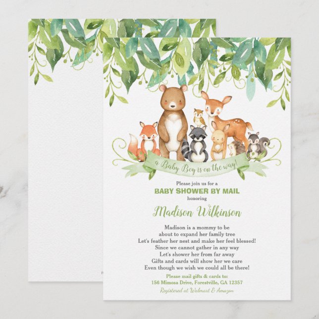 Woodland Animals Virtual Baby Shower Mail Grüne Einladung (Vorne/Hinten)