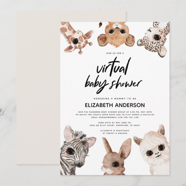 Woodland Animals Virtual Modern Baby Dusche Einladung (Vorne/Hinten)