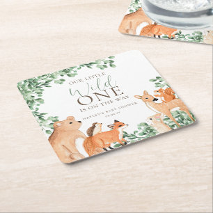 Woodland Animals White Wild One Baby Dusche Rechteckiger Pappuntersetzer