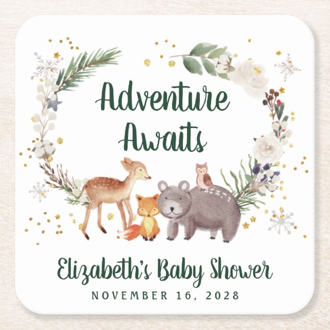 Woodland Animals Winter Baby Dusche Rechteckiger Pappuntersetzer (Vorderseite)