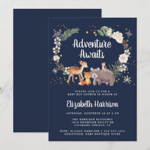 Woodland Animals Winter Blue Baby Dusche Einladung