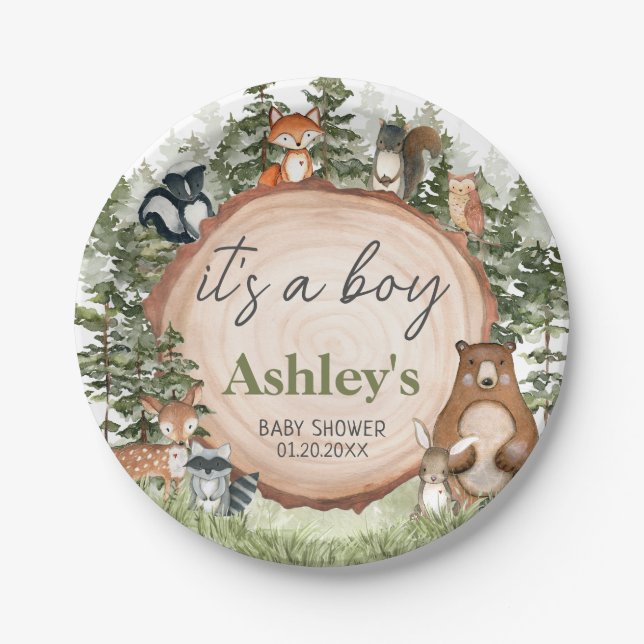 Woodland Animals Wood Slice Baby Dusche Pappteller (Vorderseite)