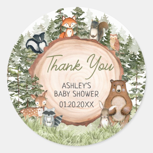 Woodland Animals Wood Slice Baby Dusche Runder Aufkleber (Vorderseite)