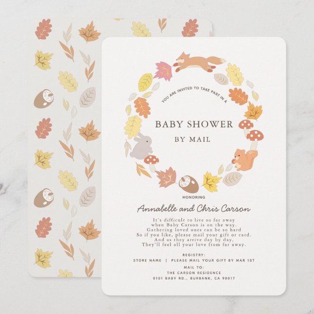 Woodland Animals Wreath Baby Dusche by Mail Einladung (Vorne/Hinten)