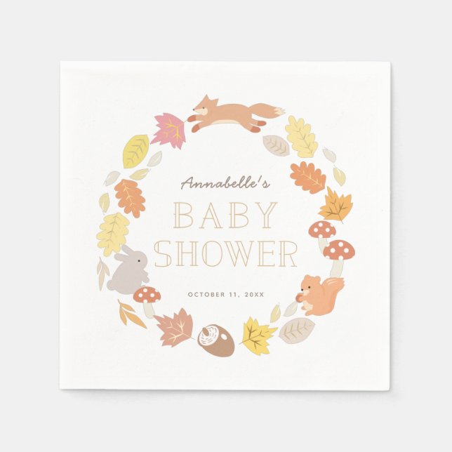 Woodland Animals Wreath Fall Baby Dusche Serviette (Vorderseite)
