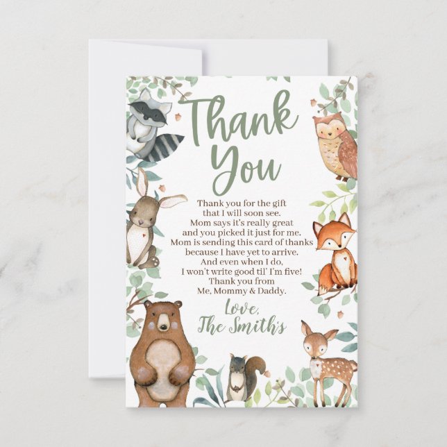 Woodland Animaux Baby shower Merci Cartes (Devant)