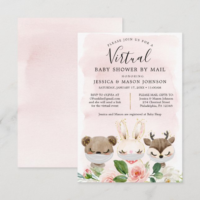 Woodland Animaux Baby shower virtuel Invitations f (Devant / Derrière)
